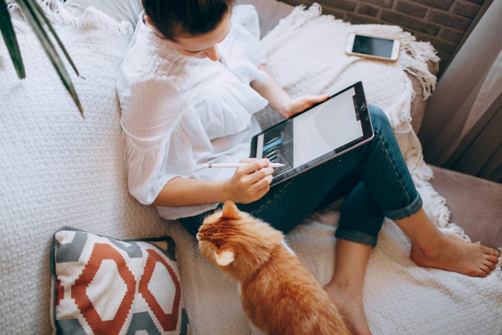 Woman working with tablet and cat